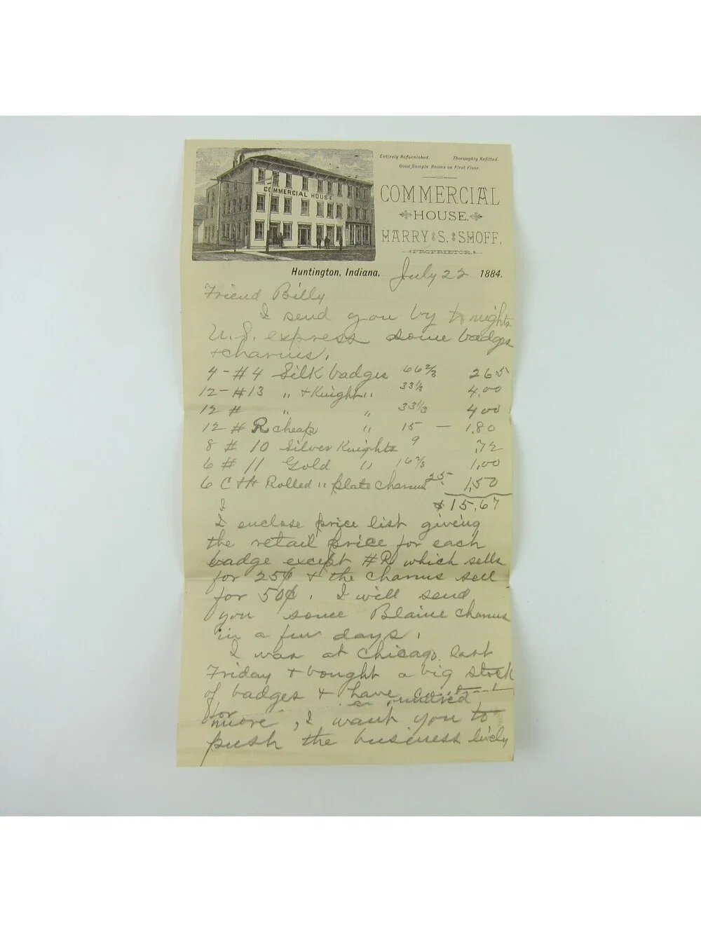 1884 Commercial House Huntington Indiana Letterhead SD Childs Co Badges Ad Lot